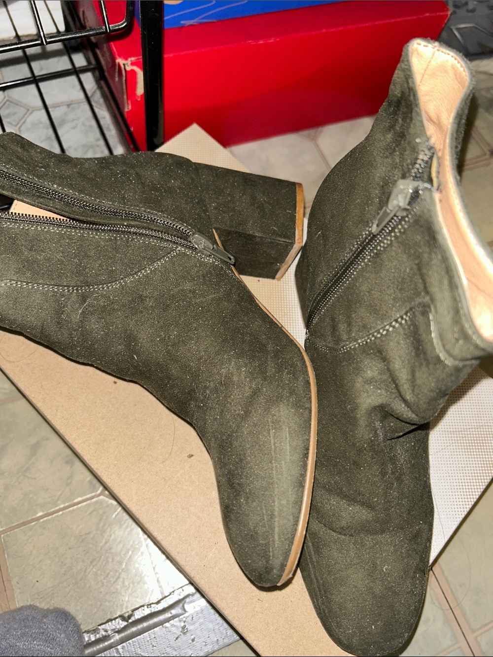 Olive Suede Block Heel Ankle Boots - Women